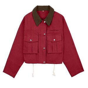 Women's Cropped Utility Jacket 100% Cotton Lightweight Barn Coat Button Front